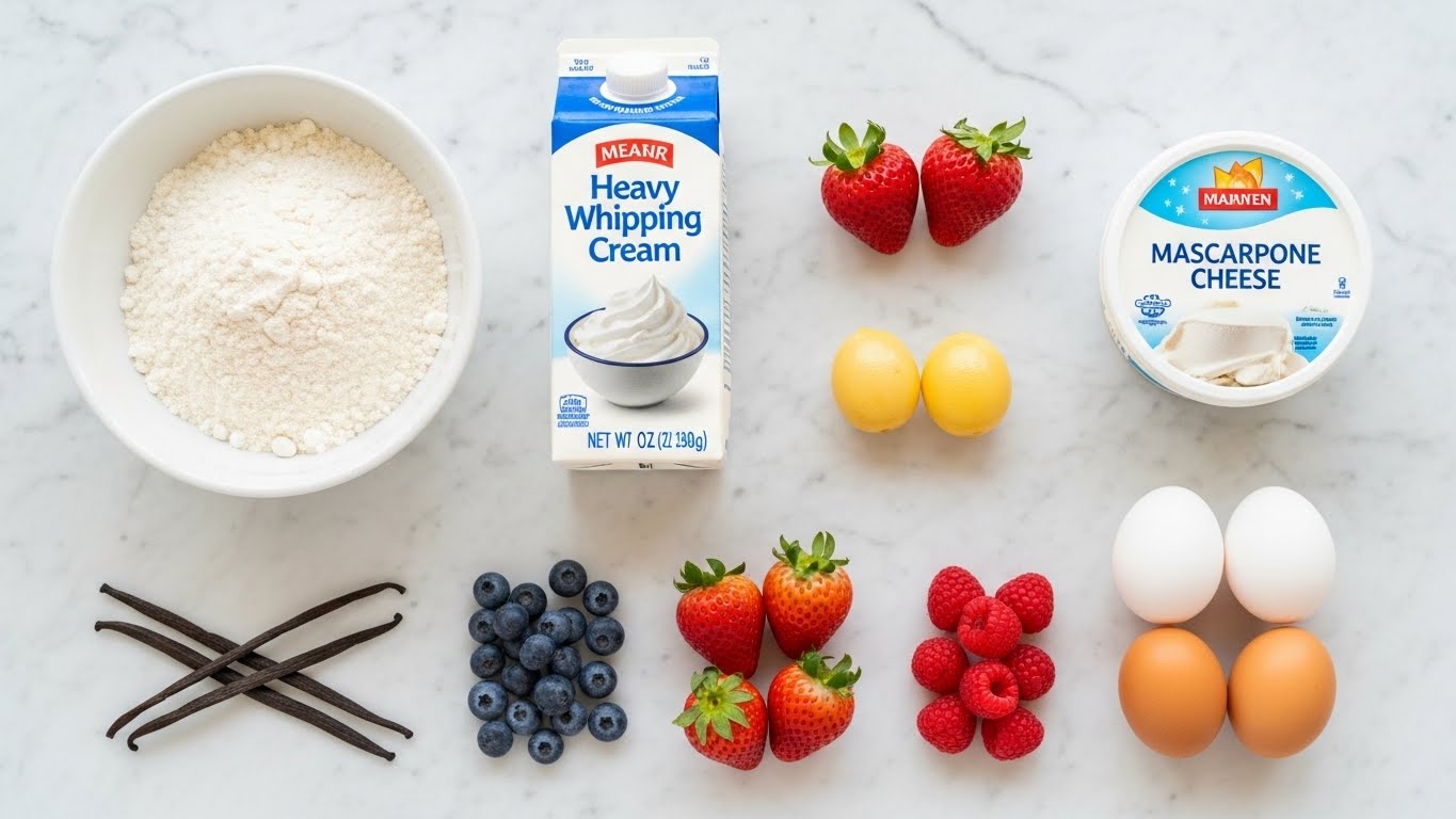 Ingredients for sponge, berries, and cream