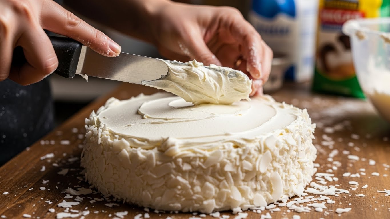 Frosting and decorating with coconut