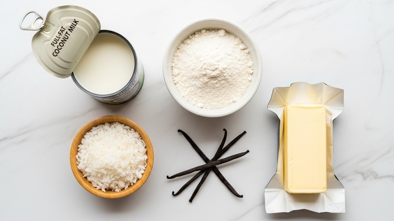 Key ingredients for classic coconut cake